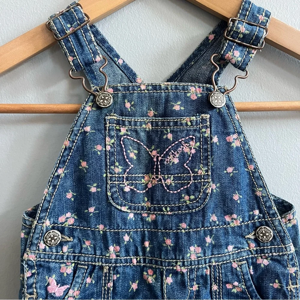 OshKosh B’Gosh Girls Floral Denim Overalls Size 9 Mo. Spring Vestbak Butterfly
